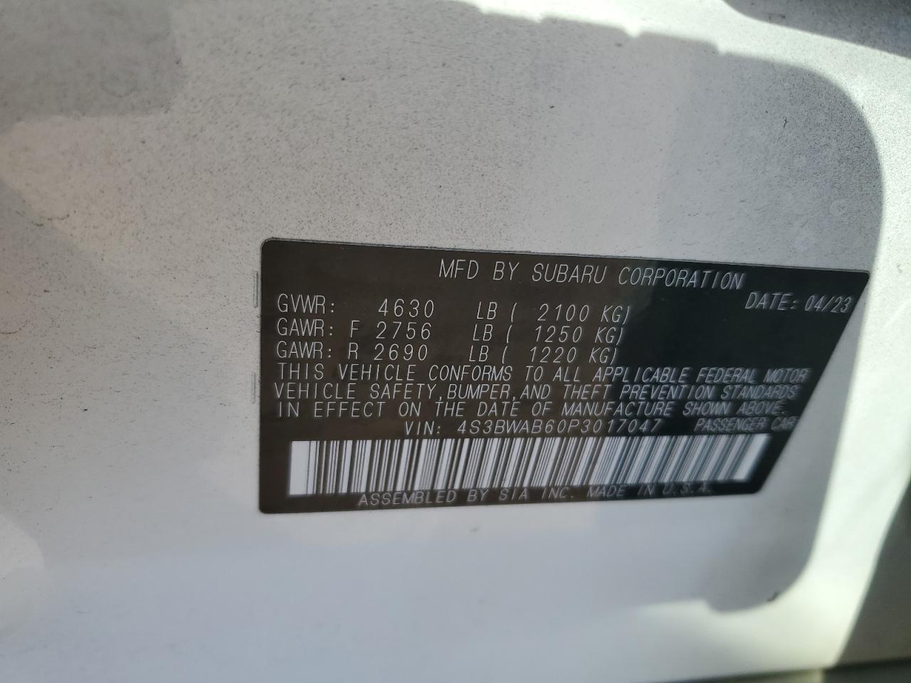 2023 Subaru Legacy VIN: 4S3BWAB60P3017047 Lot: 91993365