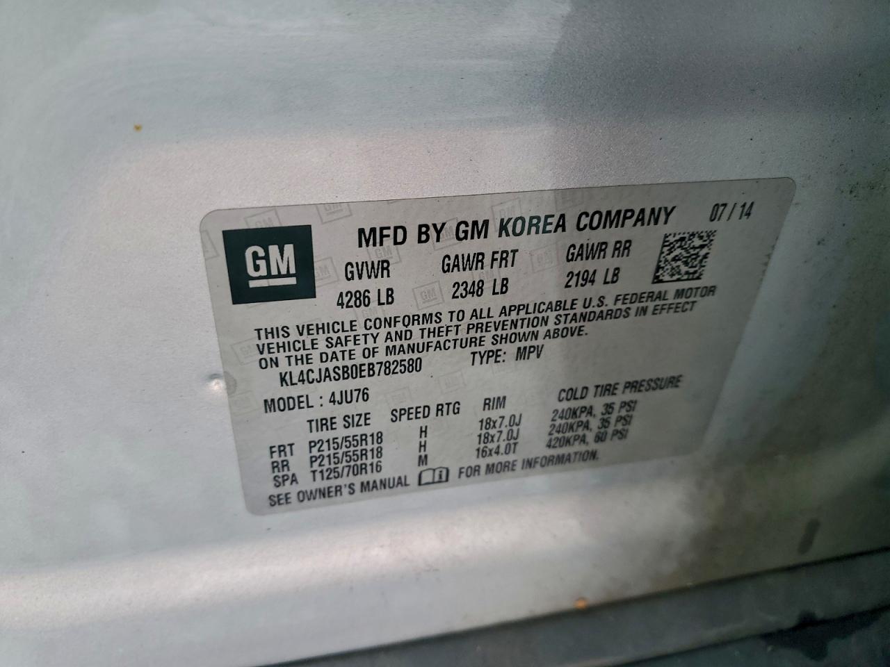 2014 Buick Encore VIN: KL4CJASB0EB782580 Lot: 93827005