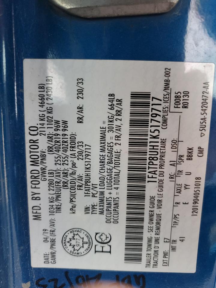 2019 Ford Mustang VIN: 1FATP8UH1K5179717 Lot: 91259495