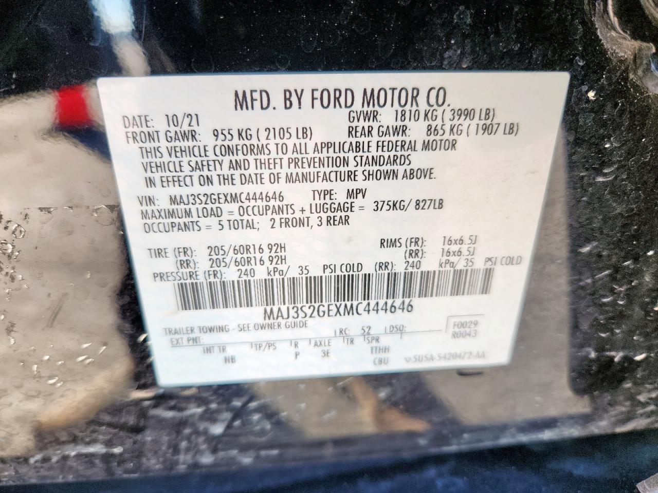 2021 Ford Ecosport Se VIN: MAJ3S2GEXMC444646 Lot: 91180425