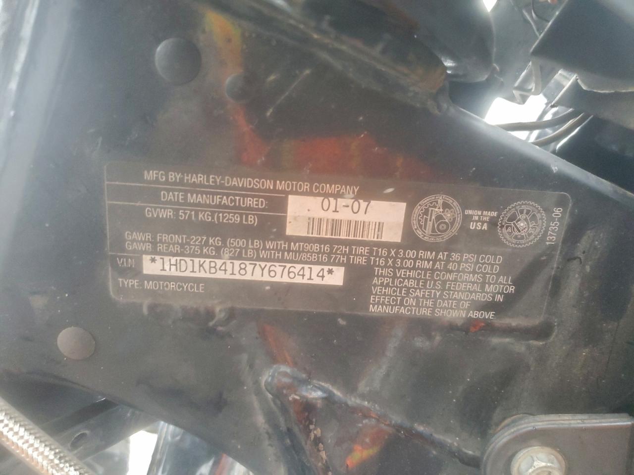 2007 Harley-Davidson Flhx VIN: 1HD1KB4187Y676414 Lot: 93718985