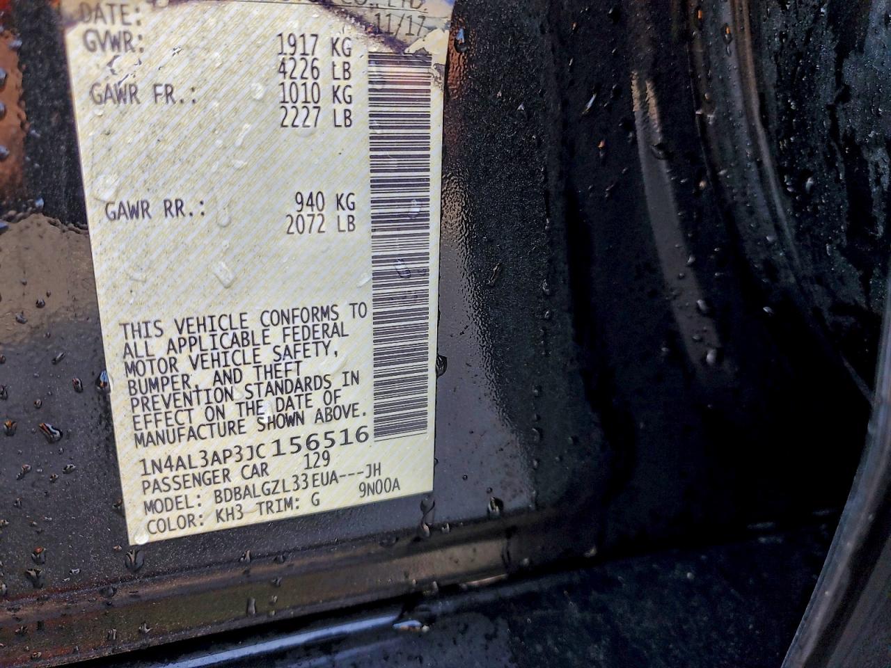 2018 Nissan Altima 2.5 VIN: 1N4AL3AP3JC156516 Lot: 92943275