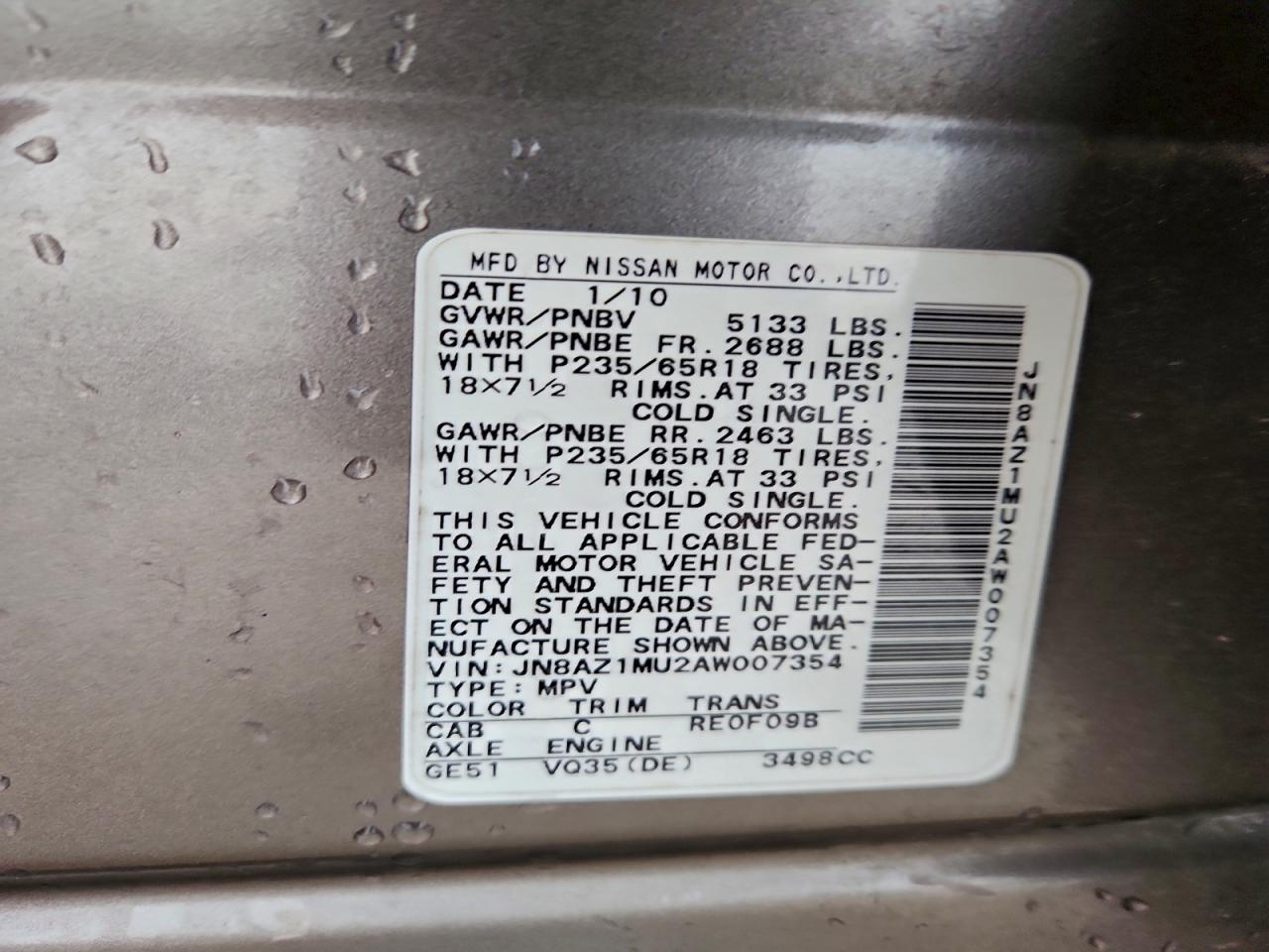 2010 Nissan Murano S VIN: JN8AZ1MU2AW007354 Lot: 93832095