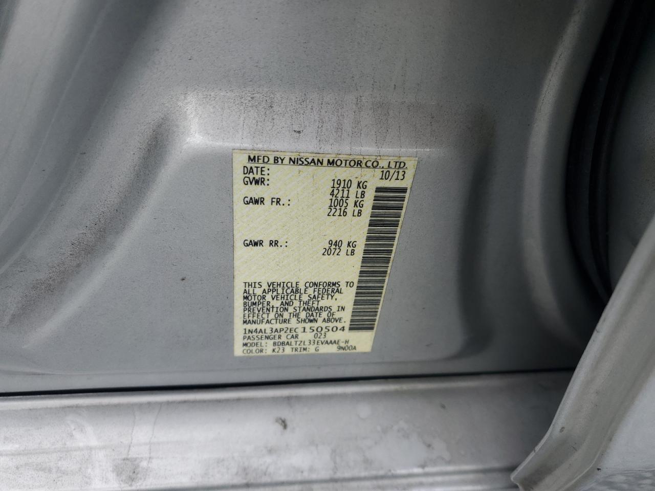 2014 Nissan Altima 2.5 VIN: 1N4AL3AP2EC150504 Lot: 93334485