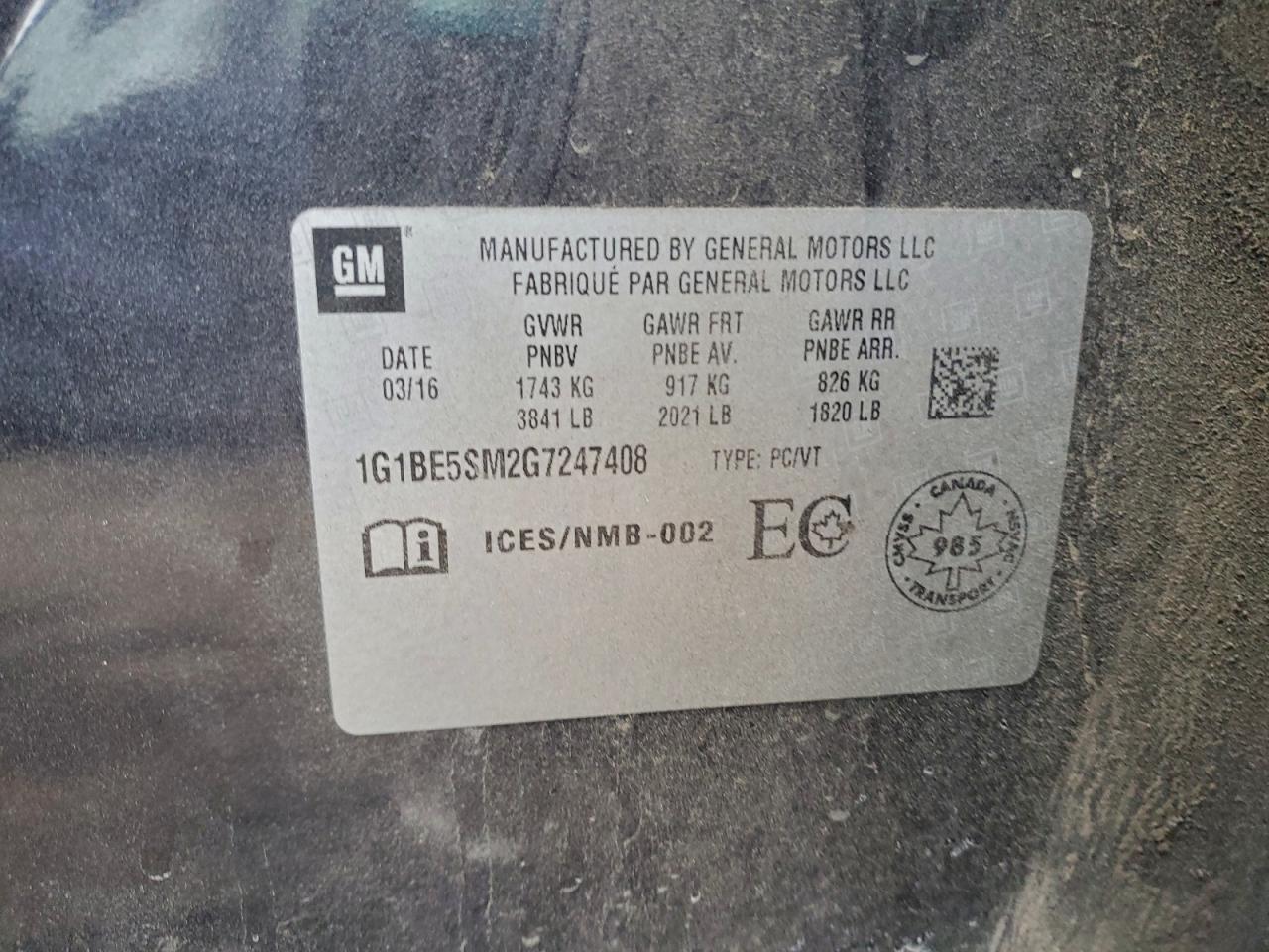2016 Chevrolet Cruze Lt VIN: 1G1BE5SM2G7247408 Lot: 94561035