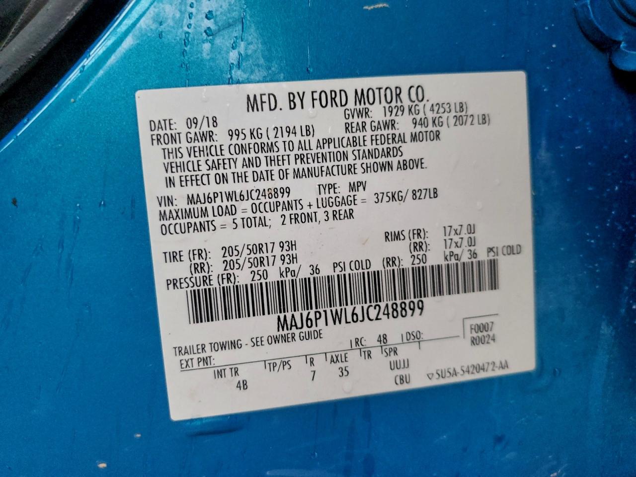 2018 Ford Ecosport Titanium VIN: MAJ6P1WL6JC248899 Lot: 93680555