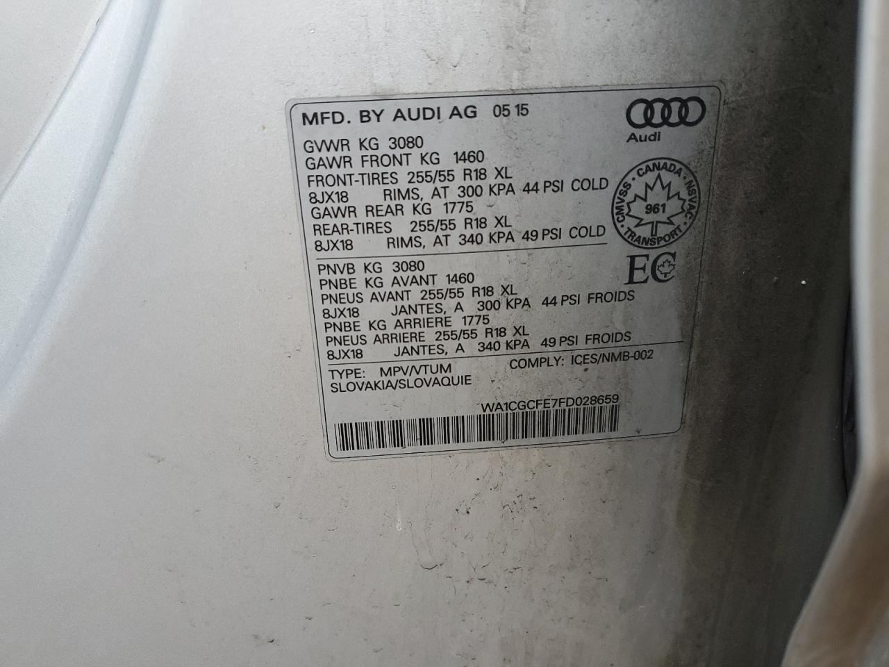 2015 Audi Q7 Premium VIN: WA1CGCFE7FD028659 Lot: 90031055