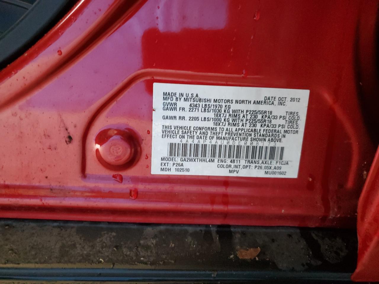 2013 Mitsubishi Outlander Sport Se VIN: 4A4AP4AU0DE008173 Lot: 91915885