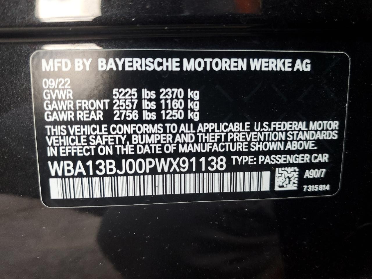 2023 BMW 530 Xi VIN: WBA13BJ00PWX91138 Lot: 91469605