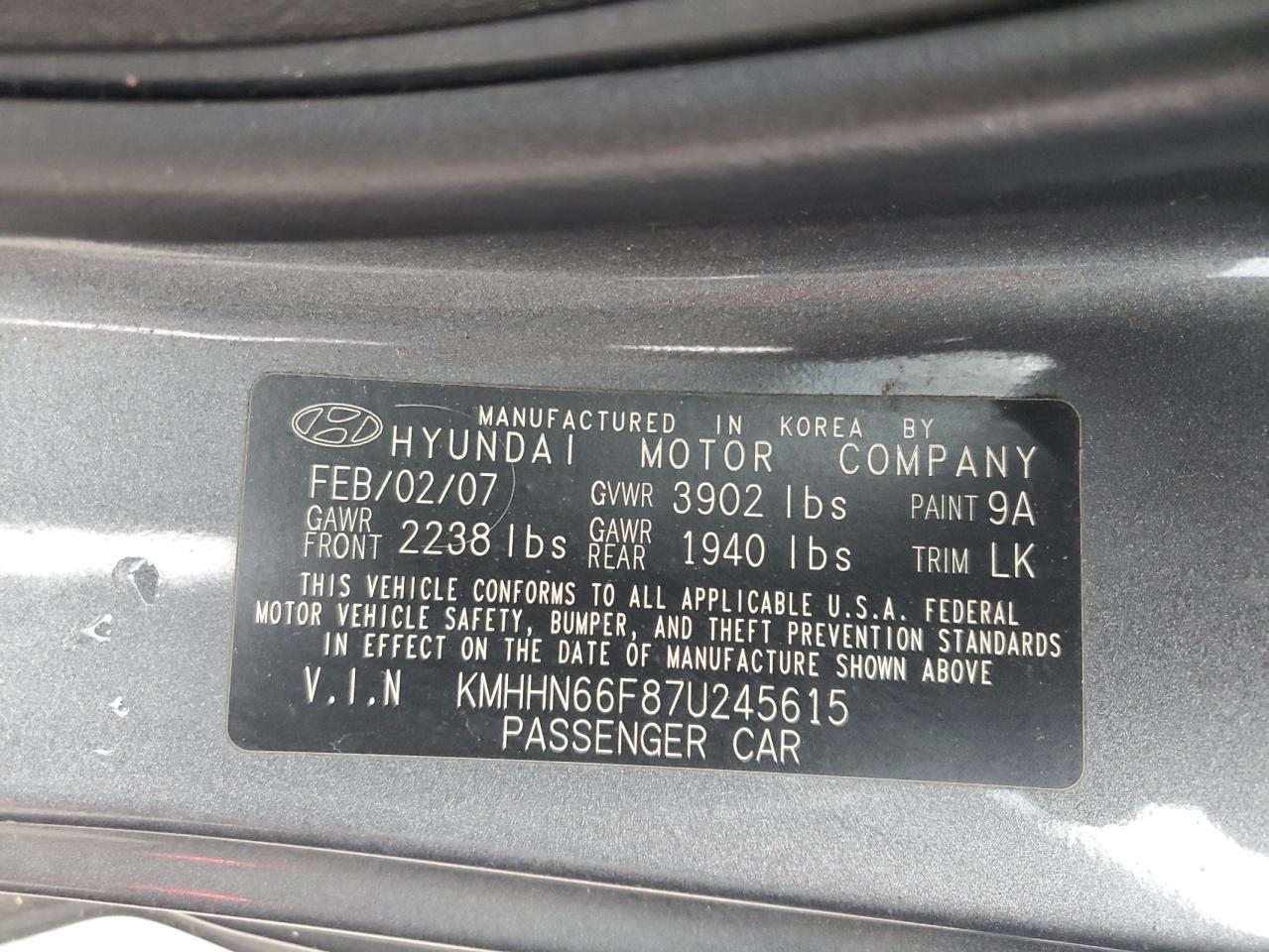 2007 Hyundai Tiburon Gt VIN: KMHHN66F87U245615 Lot: 92469295