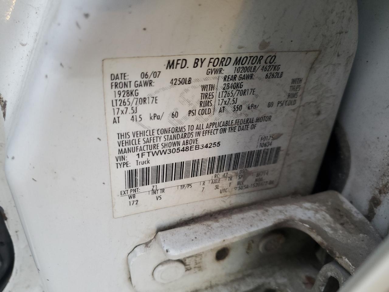 2008 Ford F350 Srw Super Duty VIN: 1FTWW30548EB34255 Lot: 92634845