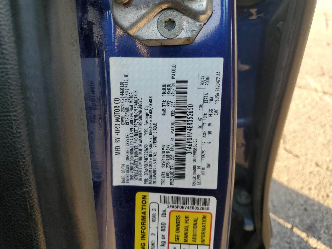 2014 Ford Fusion Se VIN: 3FA6P0H74ER352650 Lot: 92731155