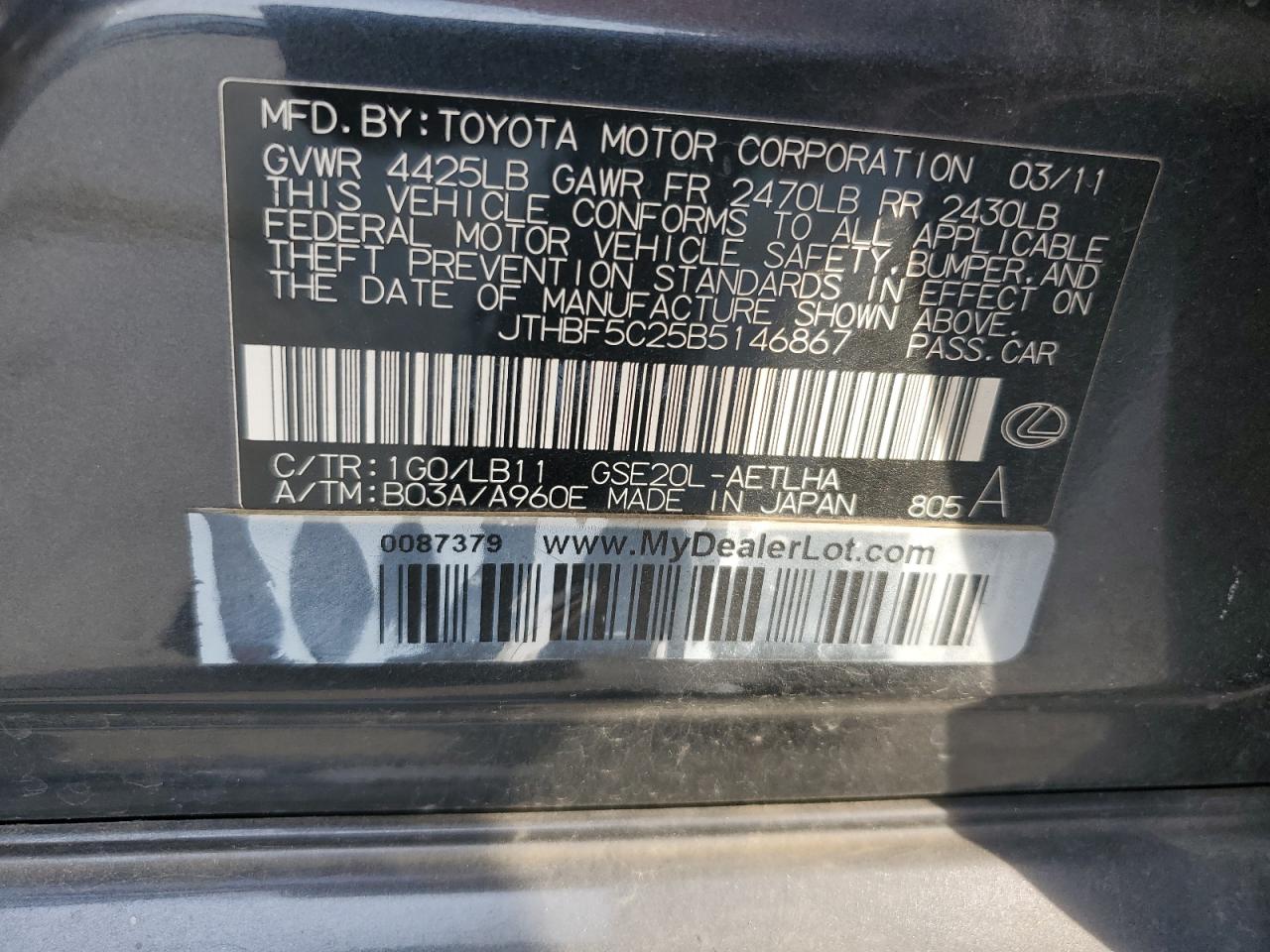 2011 Lexus Is 250 VIN: JTHBF5C25B5146867 Lot: 92502685