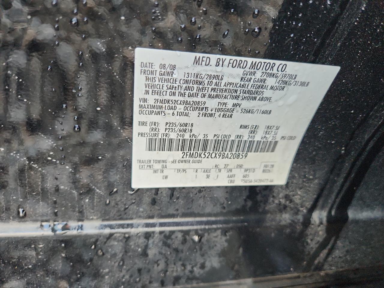 2009 Ford Flex Sel VIN: 2FMDK52CX9BA20859 Lot: 93390585