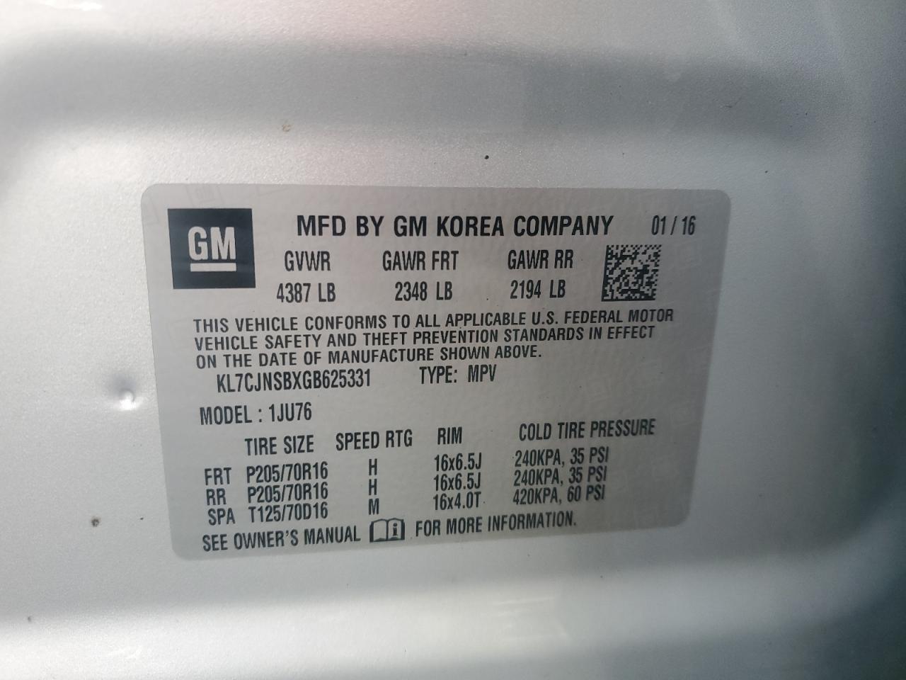 2016 Chevrolet Trax Ls VIN: KL7CJNSBXGB625331 Lot: 92509415