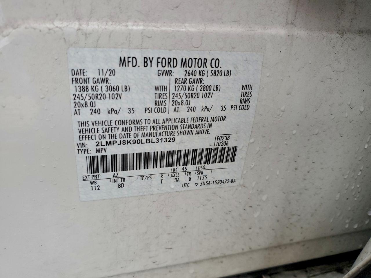 2020 Lincoln Nautilus Reserve VIN: 2LMPJ8K90LBL31329 Lot: 94123395