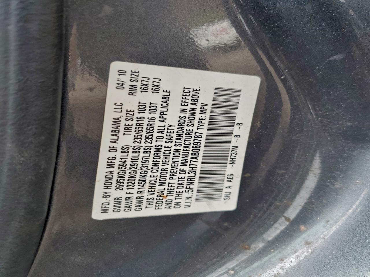 2010 Honda Odyssey Exl VIN: 5FNRL3H77AB069787 Lot: 93782435