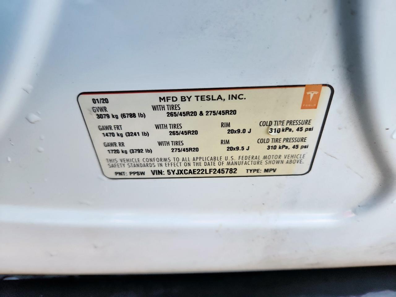 2020 Tesla Model X VIN: 5YJXCAE22LF245782 Lot: 92027105