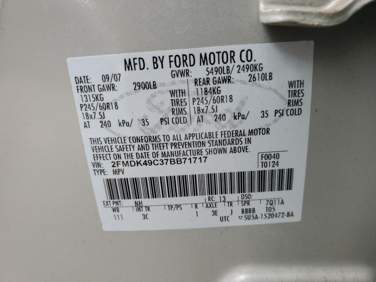 2007 Ford Edge Sel Plus VIN: 2FMDK49C37BB71717 Lot: 91668185