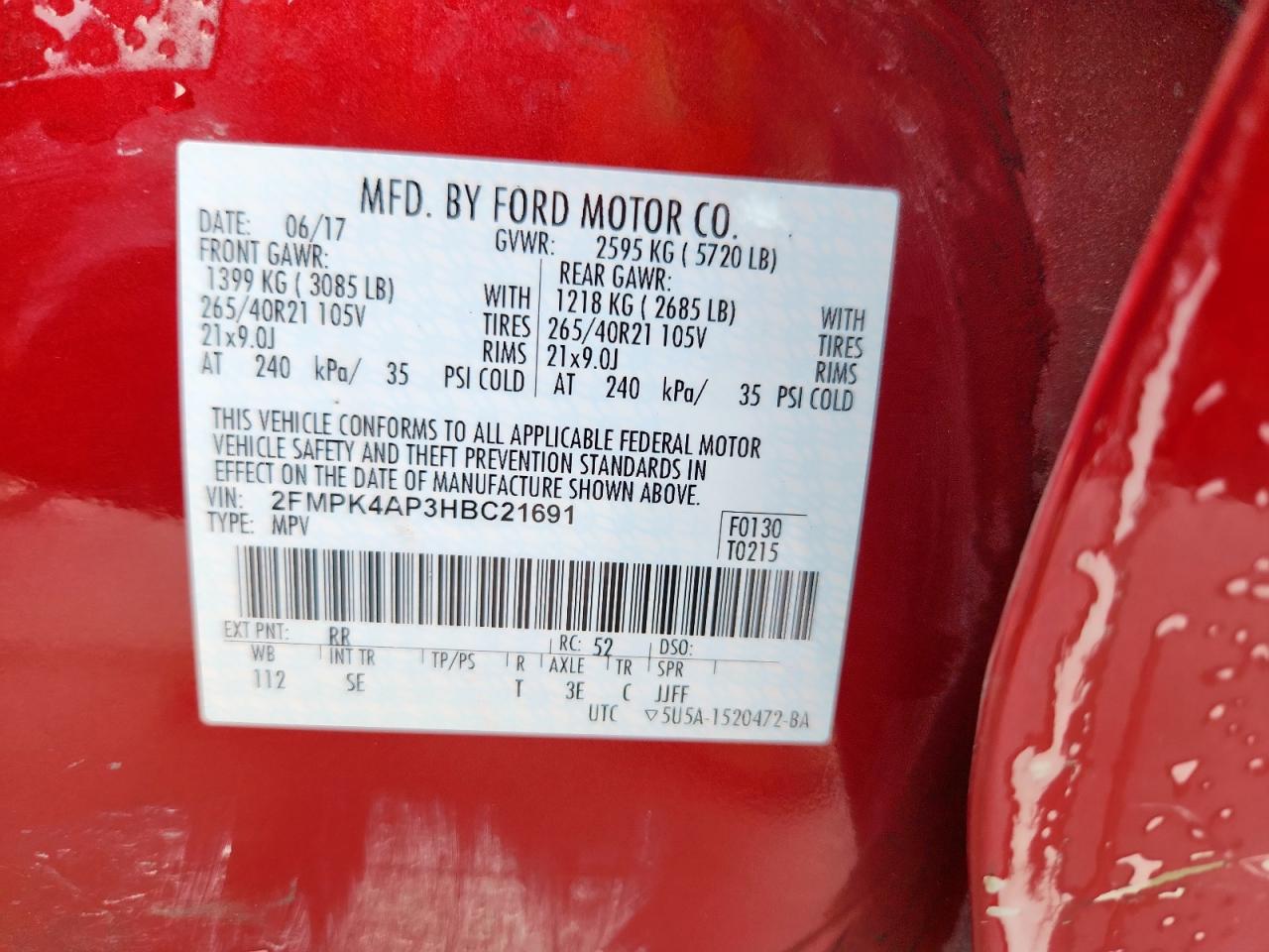 2017 Ford Edge Sport VIN: 2FMPK4AP3HBC21691 Lot: 92956995