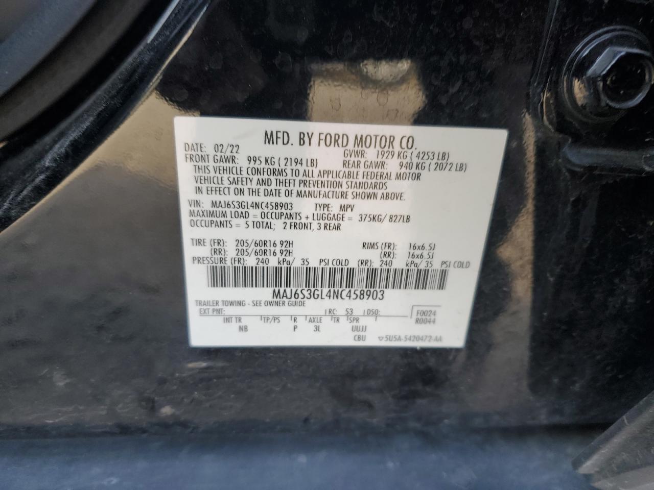 2022 Ford Ecosport Se VIN: MAJ6S3GL4NC458903 Lot: 92170995