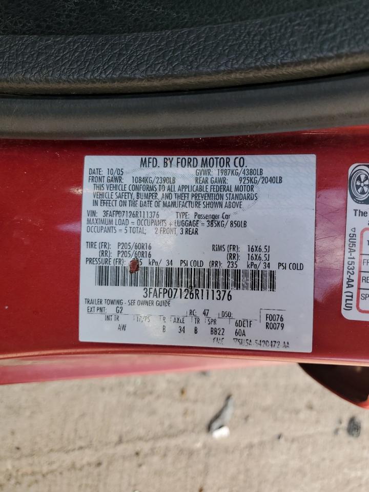 2006 Ford Fusion Se VIN: 3FAFP07126R111376 Lot: 91196835