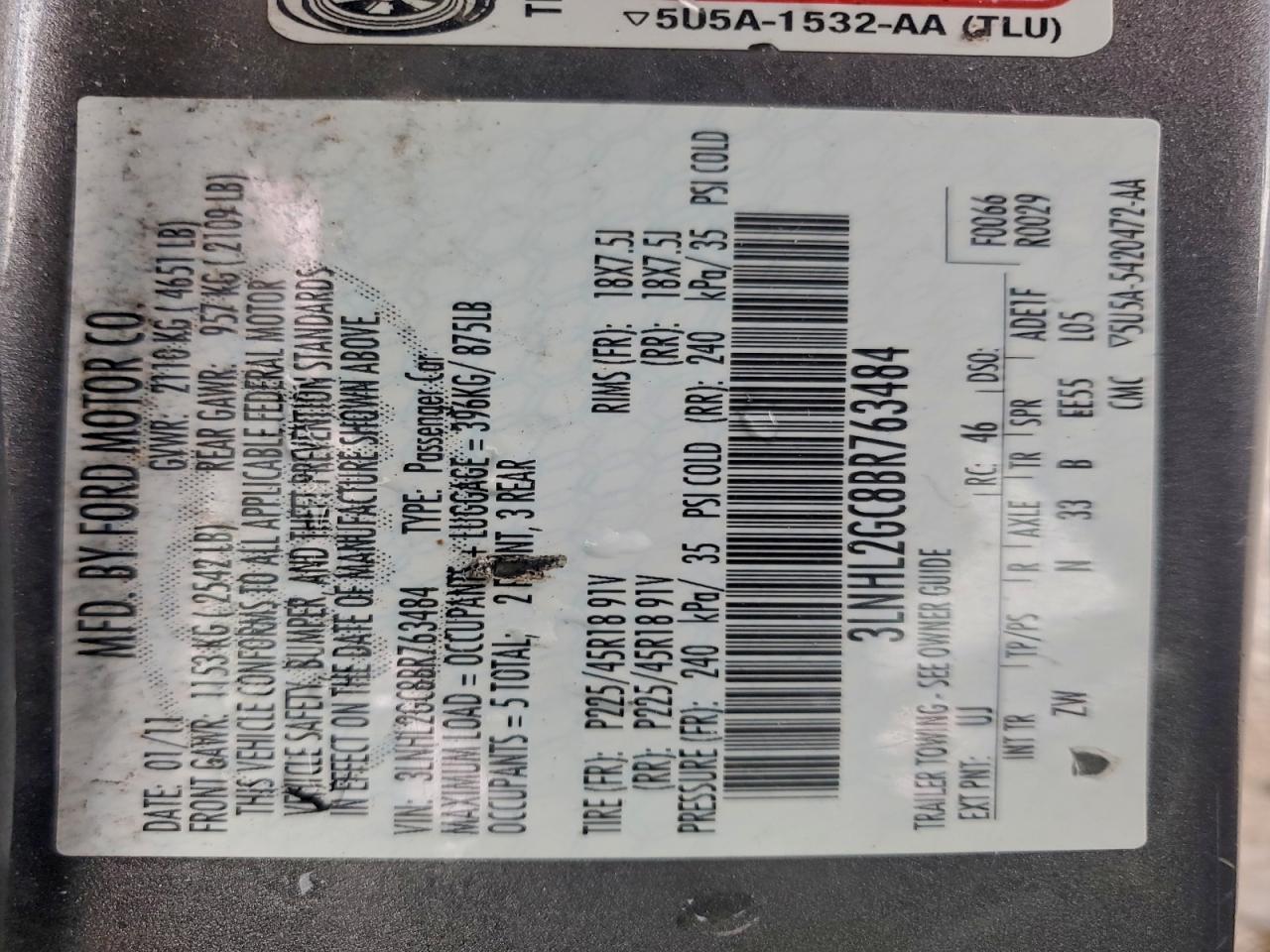 2011 Lincoln Mkz VIN: 3LNHL2GC8BR763484 Lot: 94341505