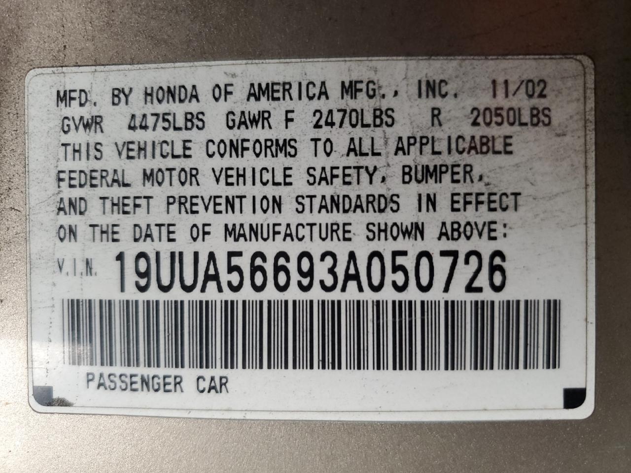 2003 Acura 3.2Tl VIN: 19UUA56693A050726 Lot: 93085015