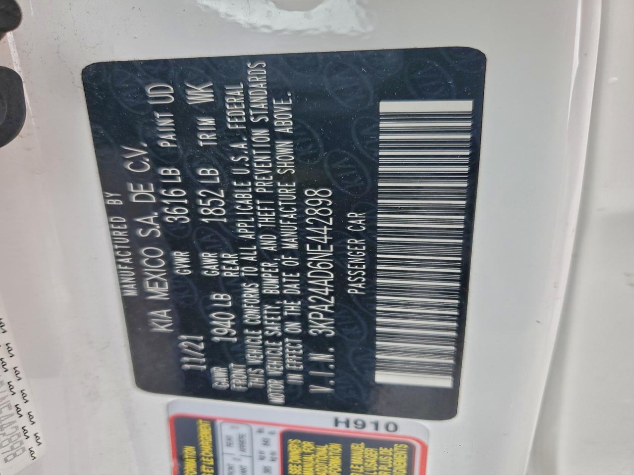 2022 Kia Rio Lx VIN: 3KPA24AD6NE442898 Lot: 92307675