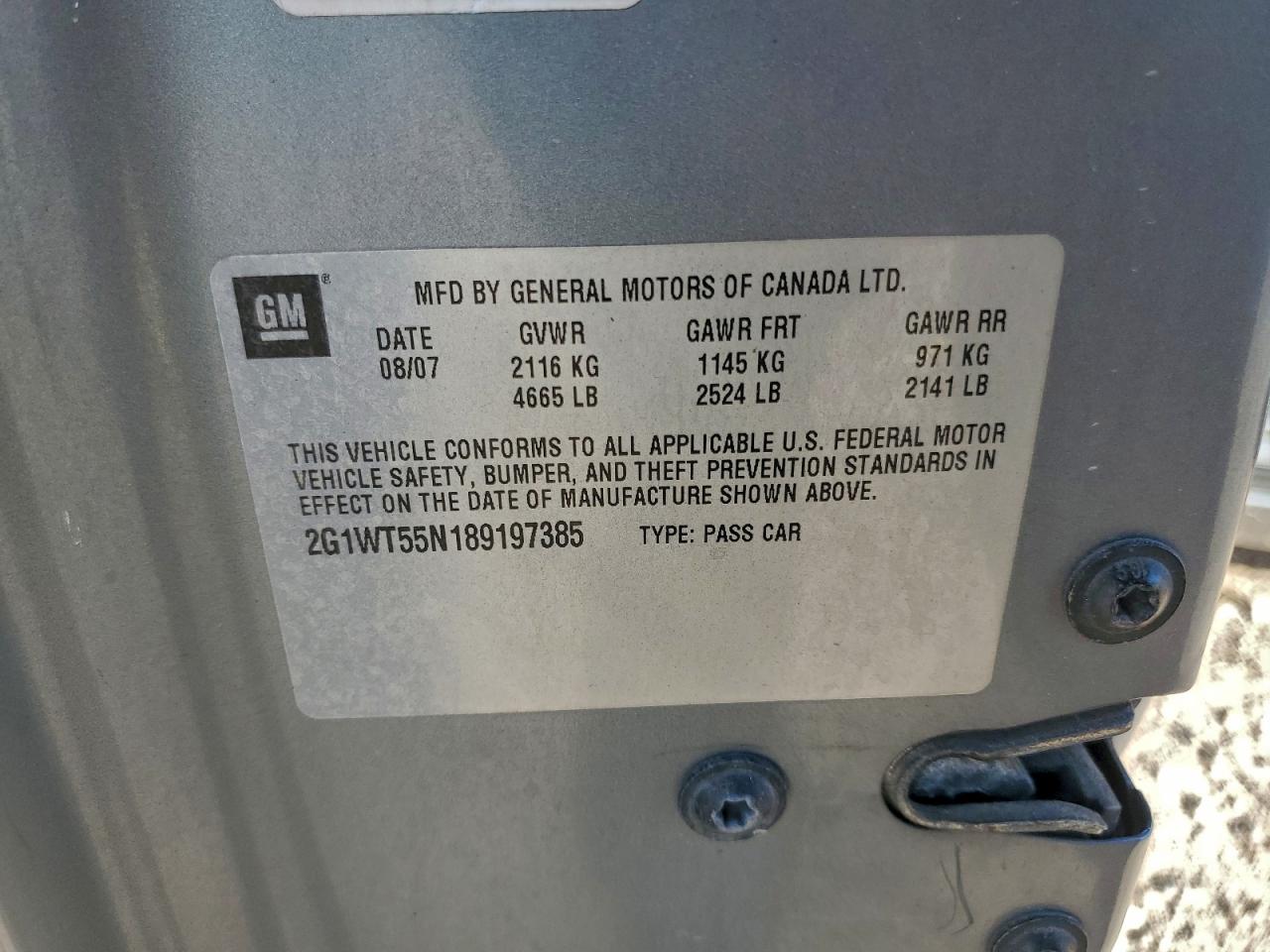 2008 Chevrolet Impala Lt VIN: 2G1WT55N189197385 Lot: 94714855