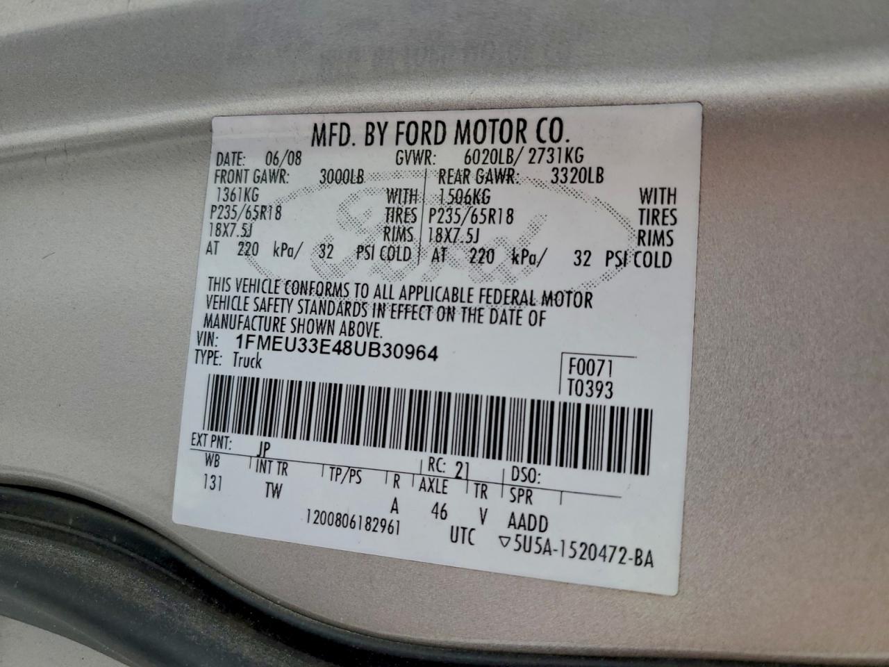 2008 Ford Explorer Sport Trac Limited VIN: 1FMEU33E48UB30964 Lot: 94078795