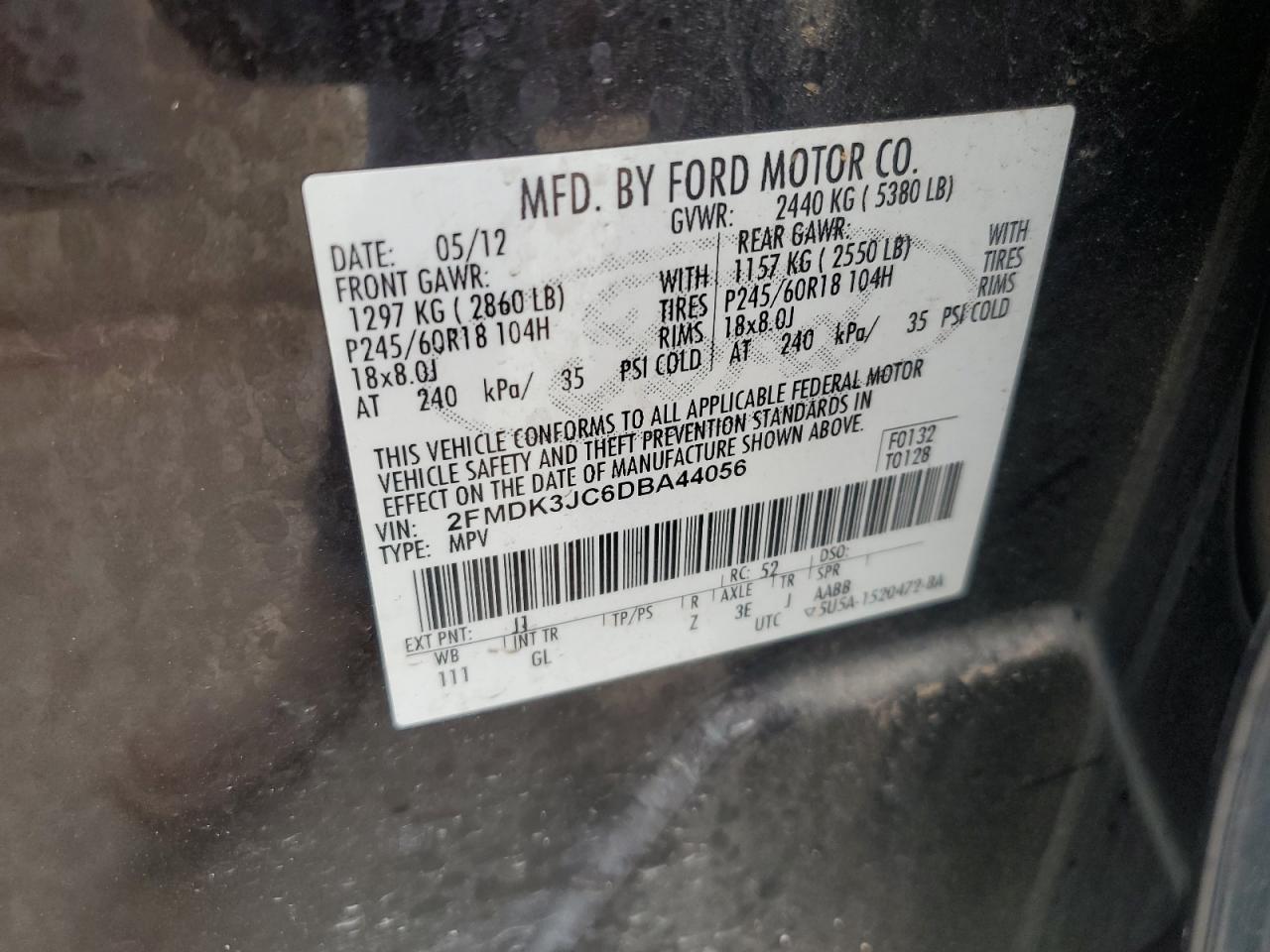 2013 Ford Edge Sel VIN: 2FMDK3JC6DBA44056 Lot: 93660745