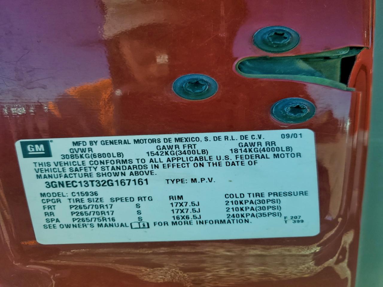 2002 Chevrolet Avalanche C1500 VIN: 3GNEC13T32G167161 Lot: 94347955