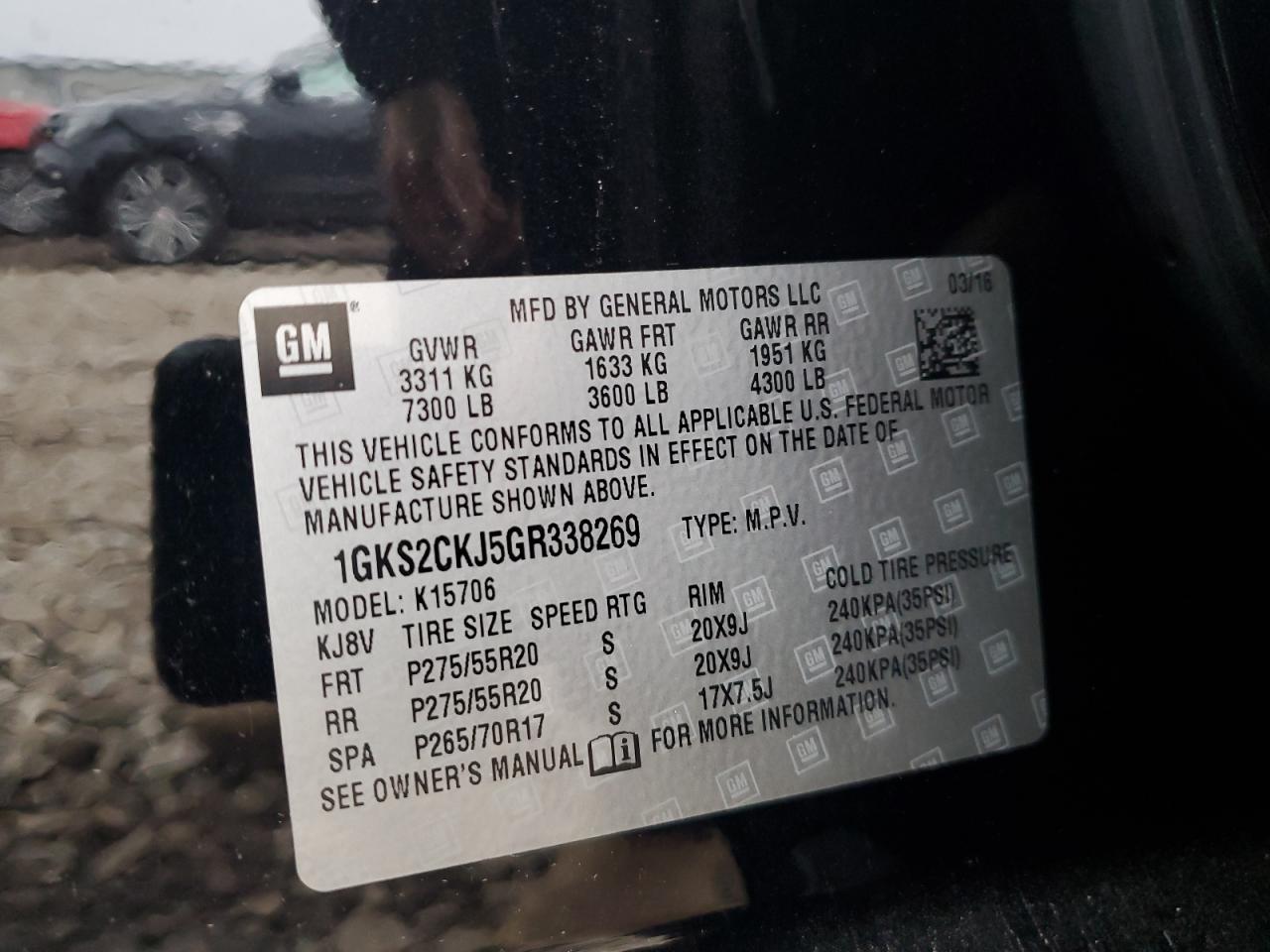 2016 GMC Yukon Denali VIN: 1GKS2CKJ5GR338269 Lot: 93882015