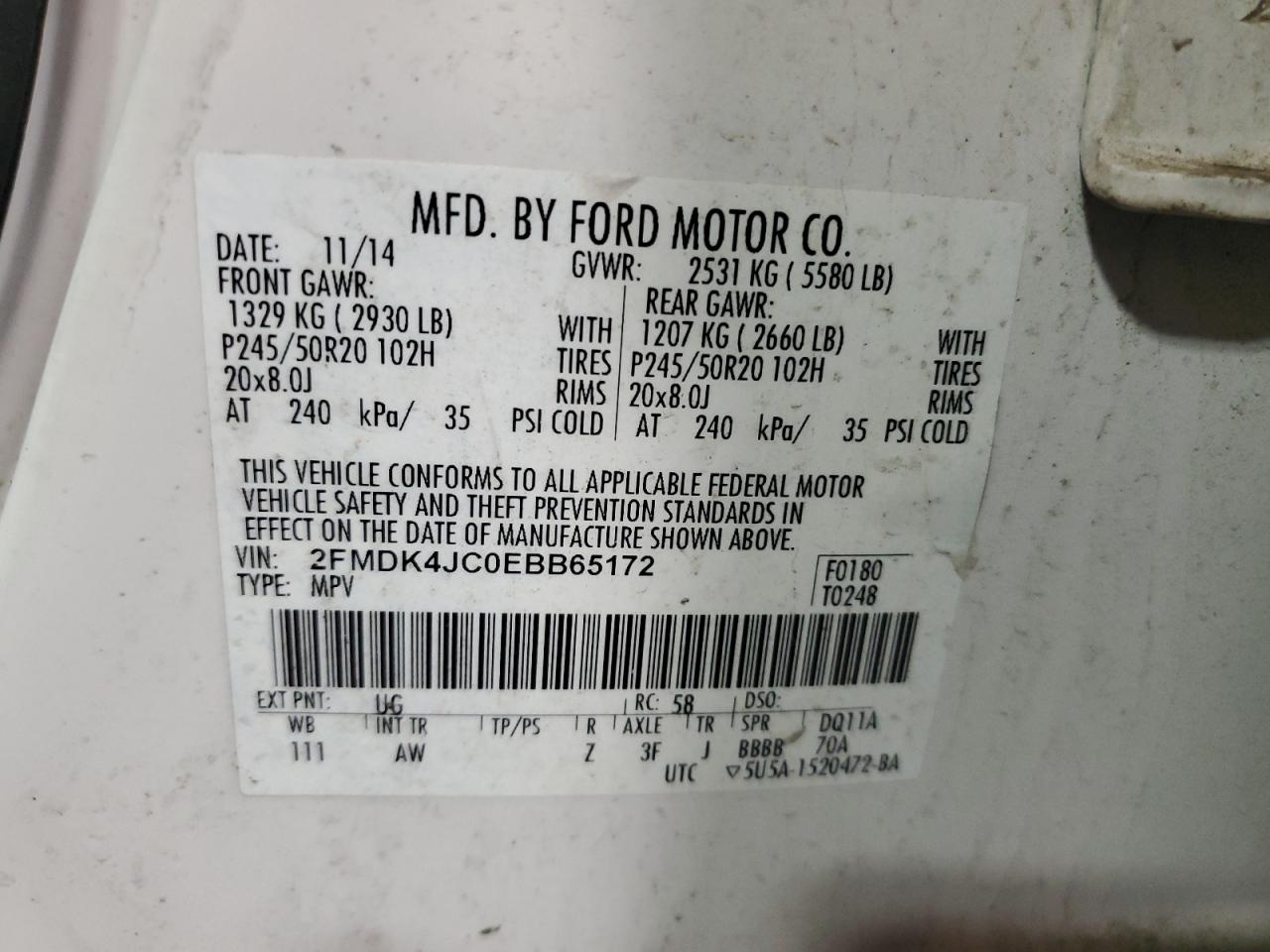 2014 Ford Edge Sel VIN: 2FMDK4JC0EBB65172 Lot: 92637435