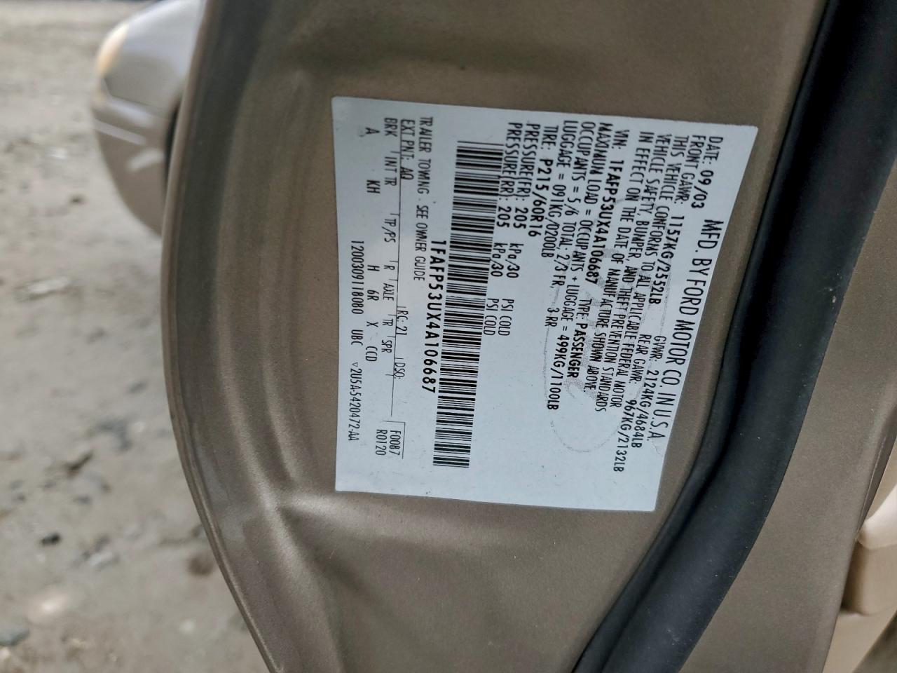 2004 Ford Taurus Se VIN: 1FAFP53UX4A106687 Lot: 93993335