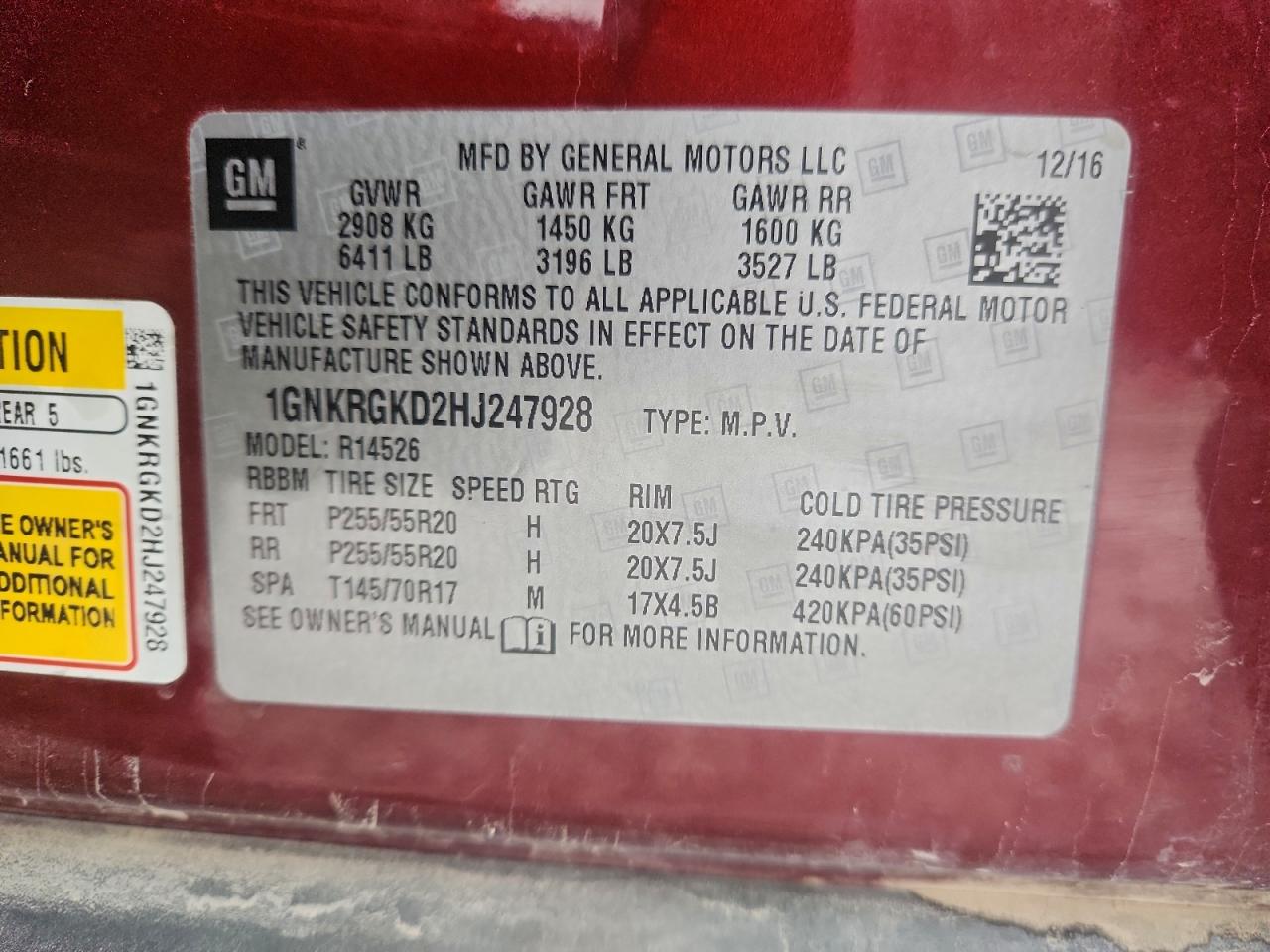 2017 Chevrolet Traverse Lt VIN: 1GNKRGKD2HJ247928 Lot: 94216925