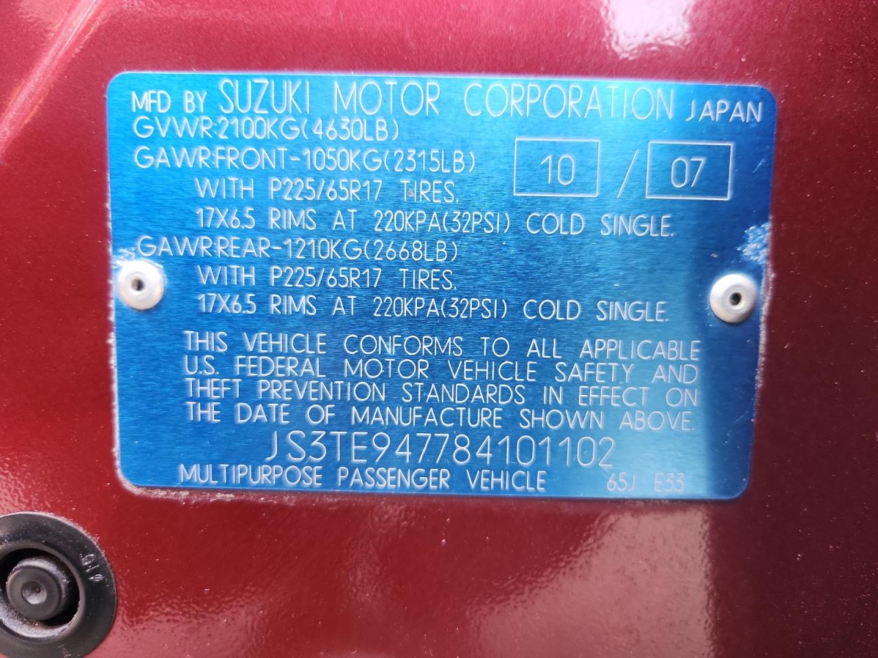 2008 Suzuki Grand Vitara Luxury VIN: JS3TE947784101102 Lot: 93219285