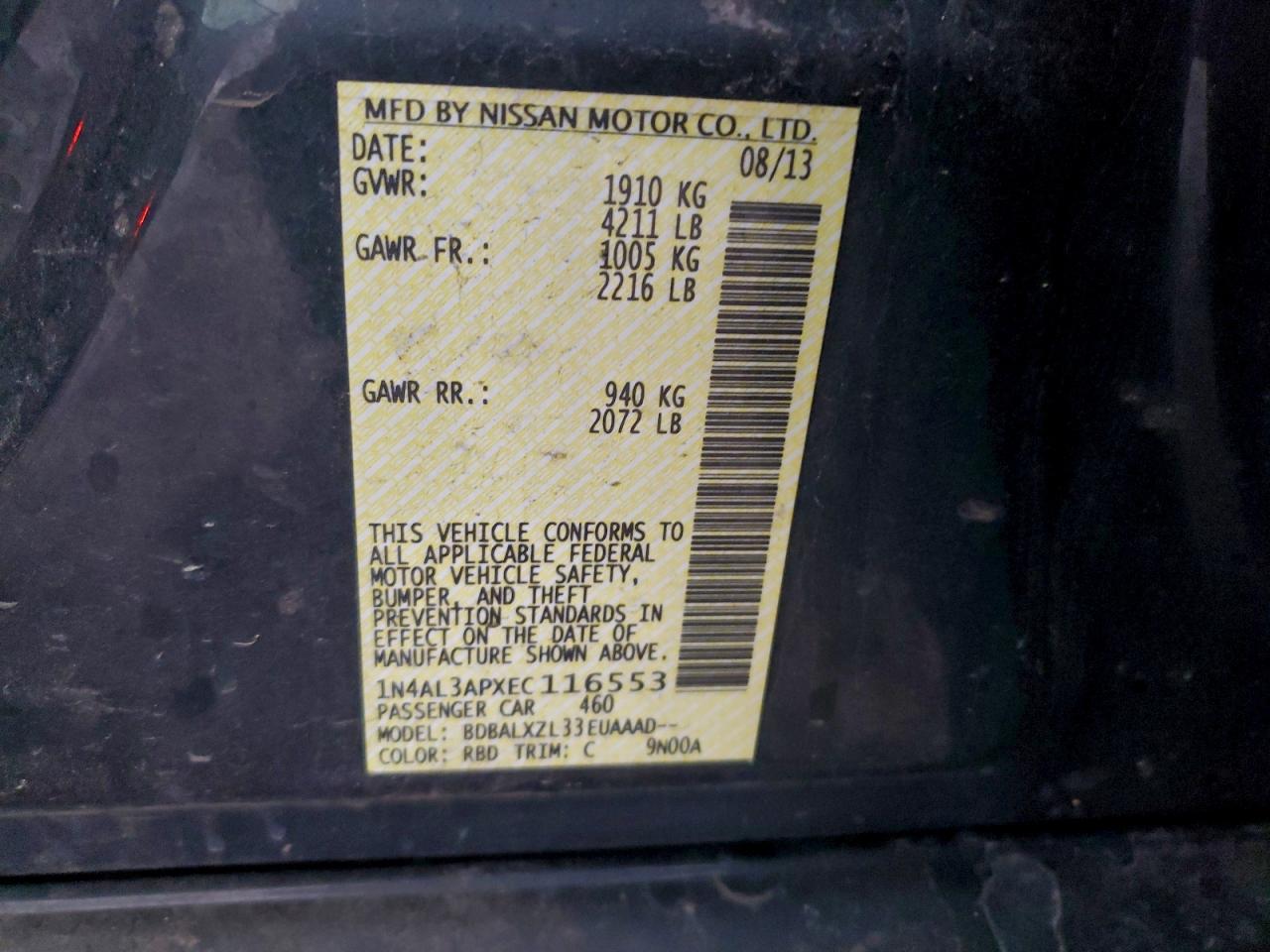 2014 Nissan Altima 2.5 VIN: 1N4AL3APXEC116553 Lot: 94403915