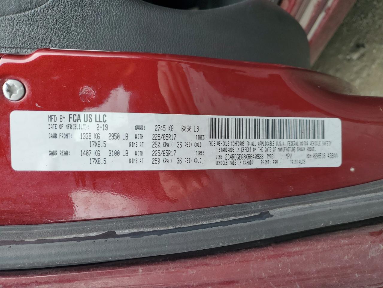 2019 Dodge Grand Caravan Gt VIN: 2C4RDGEG8KR640928 Lot: 92873425