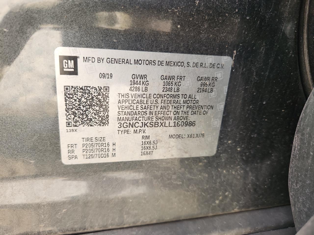 2020 Chevrolet Trax Ls VIN: 3GNCJKSBXLL160986 Lot: 92138165