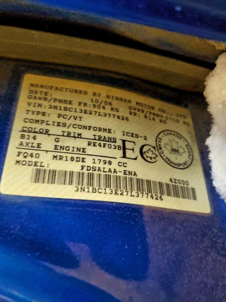 2007 Nissan Versa S VIN: 3N1BC13E27L377426 Lot: 94913385