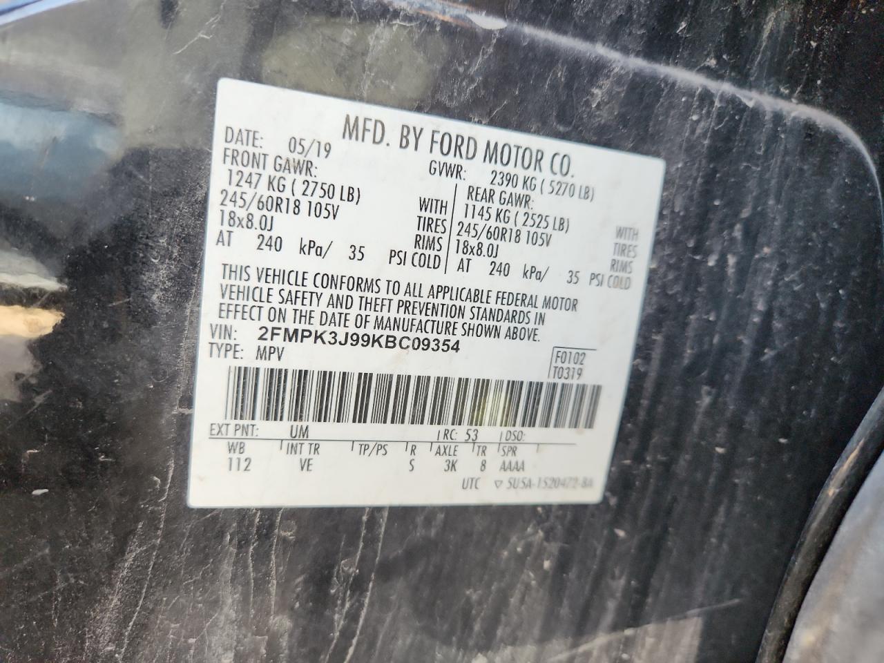 2019 Ford Edge Sel VIN: 2FMPK3J99KBC09354 Lot: 92057645