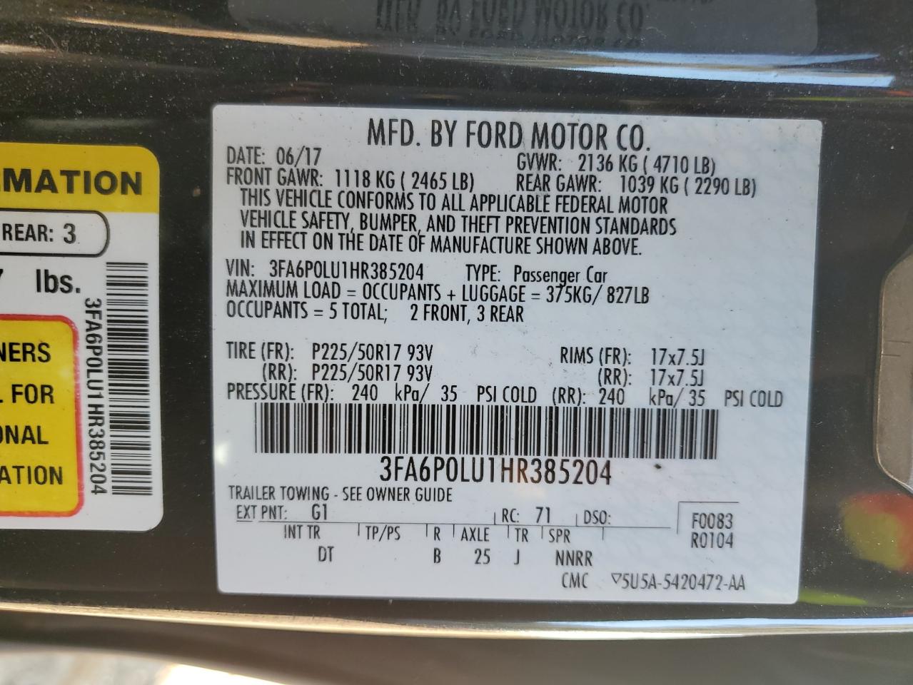2017 Ford Fusion Se Hybrid VIN: 3FA6P0LU1HR385204 Lot: 93116695