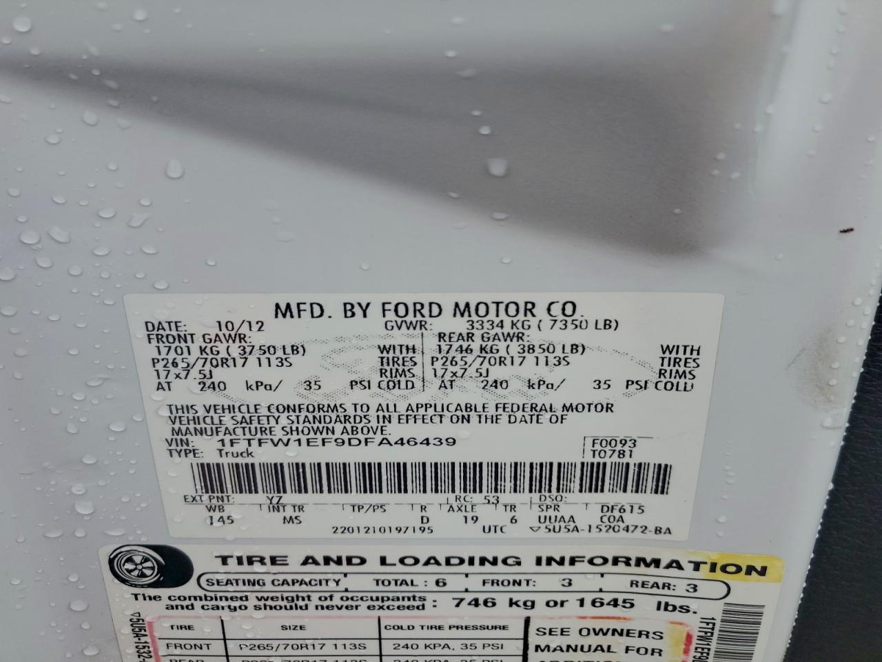 2013 Ford F150 Supercrew VIN: 1FTFW1EF9DFA46439 Lot: 94113275