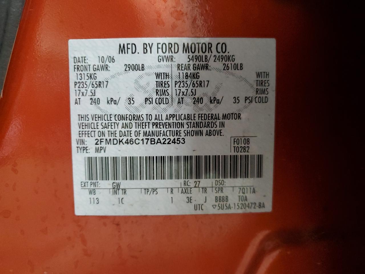 2007 Ford Edge Se VIN: 2FMDK46C17BA22453 Lot: 93250885