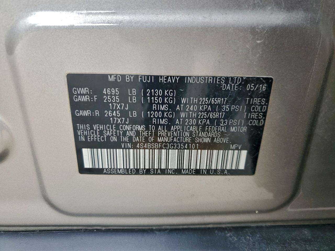 2016 Subaru Outback 2.5I Premium VIN: 4S4BSBFC3G3354101 Lot: 93749365