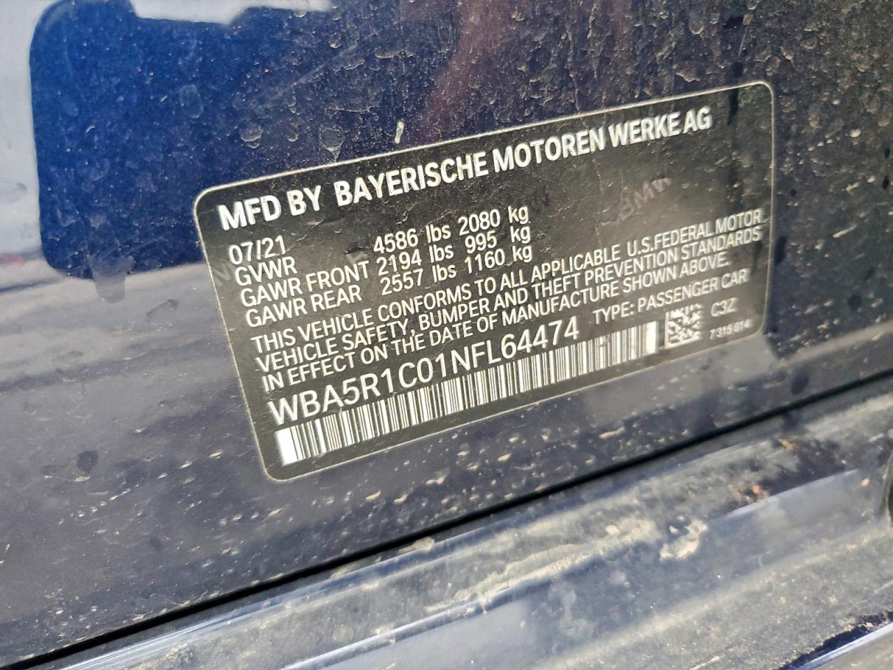 2022 BMW 330I VIN: WBA5R1C01NFL64474 Lot: 93927185