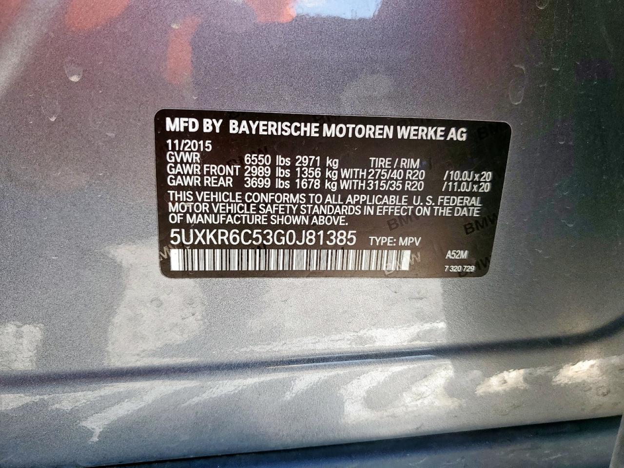 2016 BMW X5 xDrive50I VIN: 5UXKR6C53G0J81385 Lot: 92856365