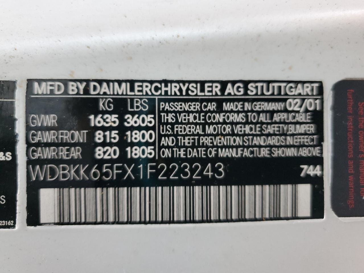 2001 Mercedes-Benz Slk 320 VIN: WDBKK65FX1F223243 Lot: 93195685